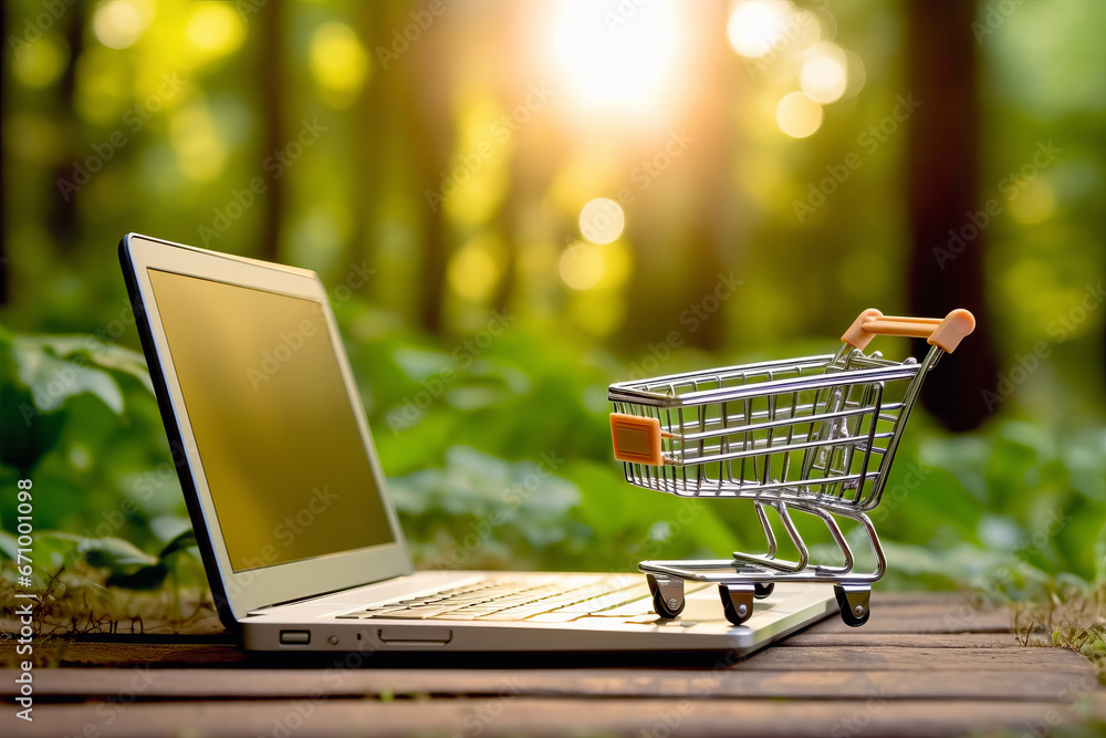 Close up of miniature empty shopping cart standing on wooden table in front of laptop in background of green forest. Shopping concept of purchase and business.