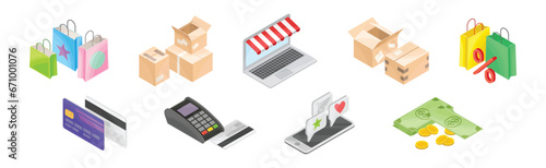 Online Shopping and Internet Purchase Isometric Object Vector Set