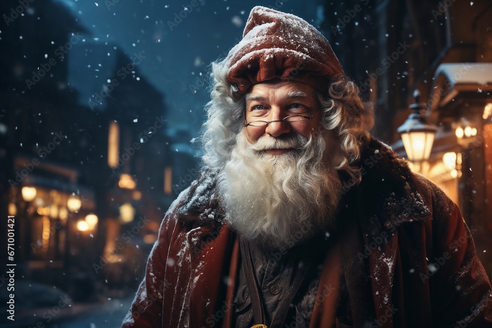 Santa is walking down a city street, winter, snow, holiday decorations Santa is walking down a city street, winter, snow, holiday decorations