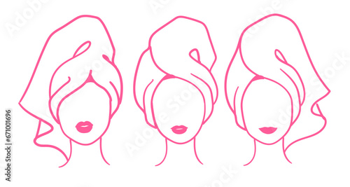 Vector illustration sketches set of female portraits wrapped with towel in pink color