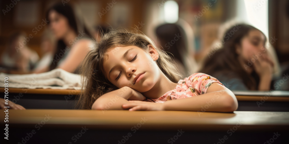 Young school girl fast asleep in class Young school girl fast asleep in class