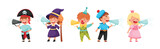 Kid Characters Wearing Fancy Dress or Costume Talking Megaphone or Loudspeaker Vector Set