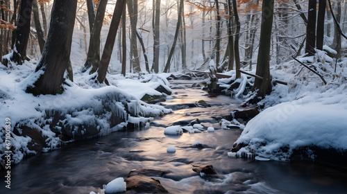 A frozen stream winding through the woods.