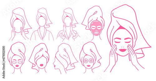 Vector line art illustration set of female faceless portraits heads with hair towel in pink colors