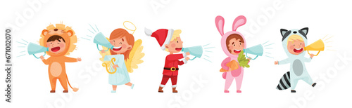 Kid Characters Wearing Fancy Dress or Costume Talking Megaphone or Loudspeaker Vector Set
