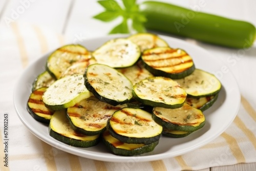 white saucer filled with grilled zucchini slices