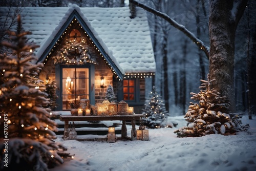 exteriors of the house are decorated for Christmas or New Year's holiday, city street in winter, snow, gifts on the porch, and street lights, a fairy-tale environment