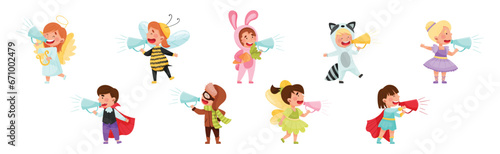 Kid Characters Wearing Fancy Dress or Costume Talking Megaphone or Loudspeaker Vector Set