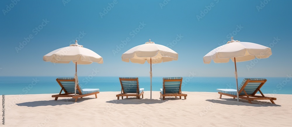Beach chairs and umbrellas on sandy beach on tropical beach with clear blue sky
