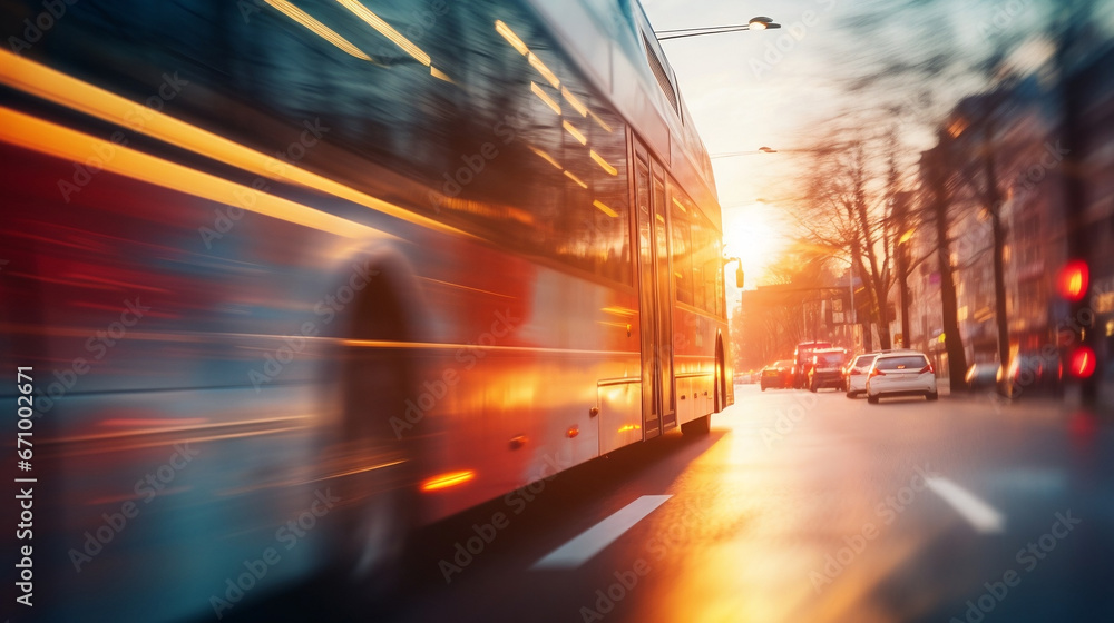 BUS on blurred motion city traffic at sunset  - obrazy, fototapety, plakaty 