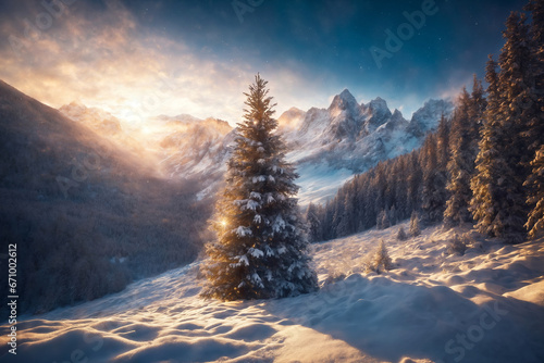 Christmas tree in a winter forest, snow covered mountains, beautiful nature at sunset © soleg
