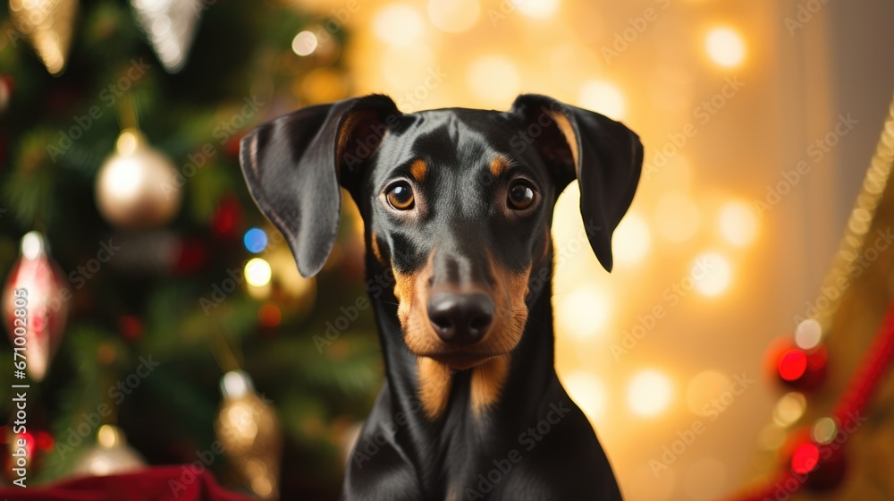 Doberman portrait on the background of a Christmas tree. Merry Christmas and Happy New Year concept. . Doberman portrait on the background of a Christmas tree. Merry Christmas and Happy New Year concept. .