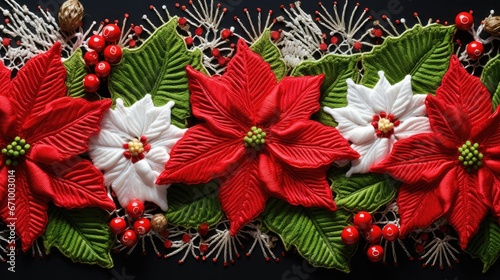 Knitted Poinsettia flowers Christmas background. Floral winter season decoration banner. Beautiful Xmas wallpaper. Merry Christmas and Happy New Year 2024 concept..