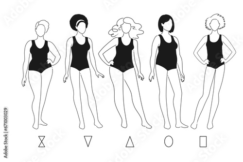 Vector contour illustration collection of body positive female characters