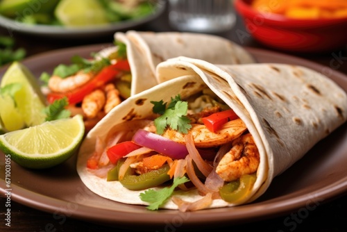 shrimp fajitas served with a wedge of lime