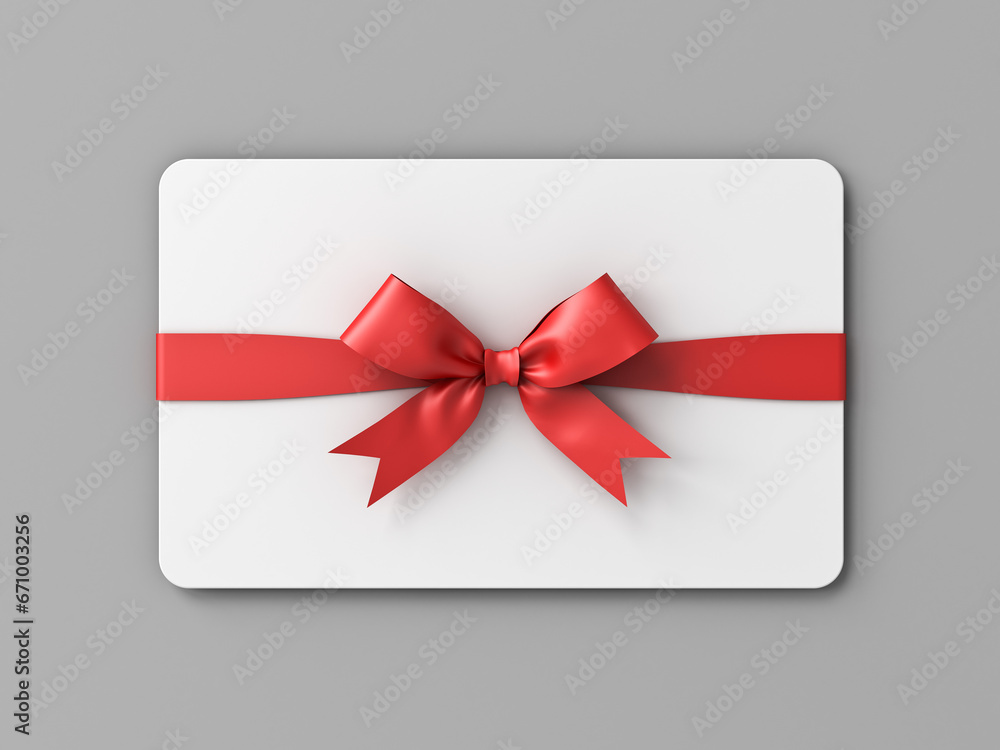 White gift card or gift voucher with red ribbon bow isolated on grey background with shadow minimal conceptual 3D rendering White gift card or gift voucher with red ribbon bow isolated on grey background with shadow minimal conceptual 3D rendering
