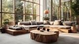 Livingroom, edge tree stump accent coffee table with big couch in room, Minimalist home interior design of modern living room in house, Generative AI