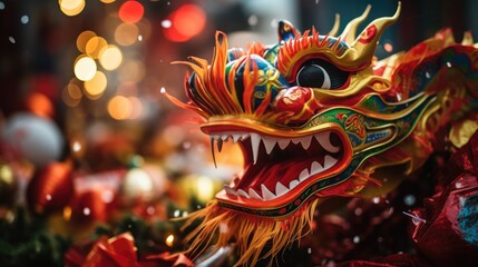 Close up of Chinese Dragon Head performing its traditional dragon dance festival. Chinese New Year celebration 2024..