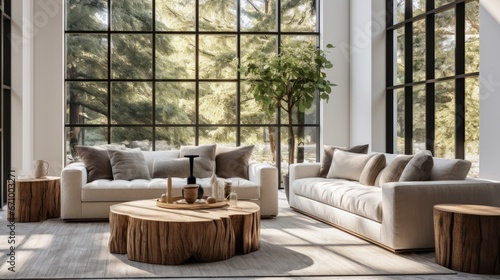 Livingroom, edge tree stump accent coffee table with big couch in room, Minimalist home interior design of modern living room in house, Generative AI © Onchira