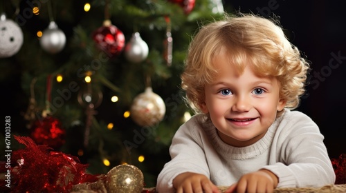 Children Portrait in room with Christmas decorations. Happy smiling kids on background of the Christmas tree. Child with Xmas gift. Happy New Year, Merry X-mas, winter holidays and people concept. .