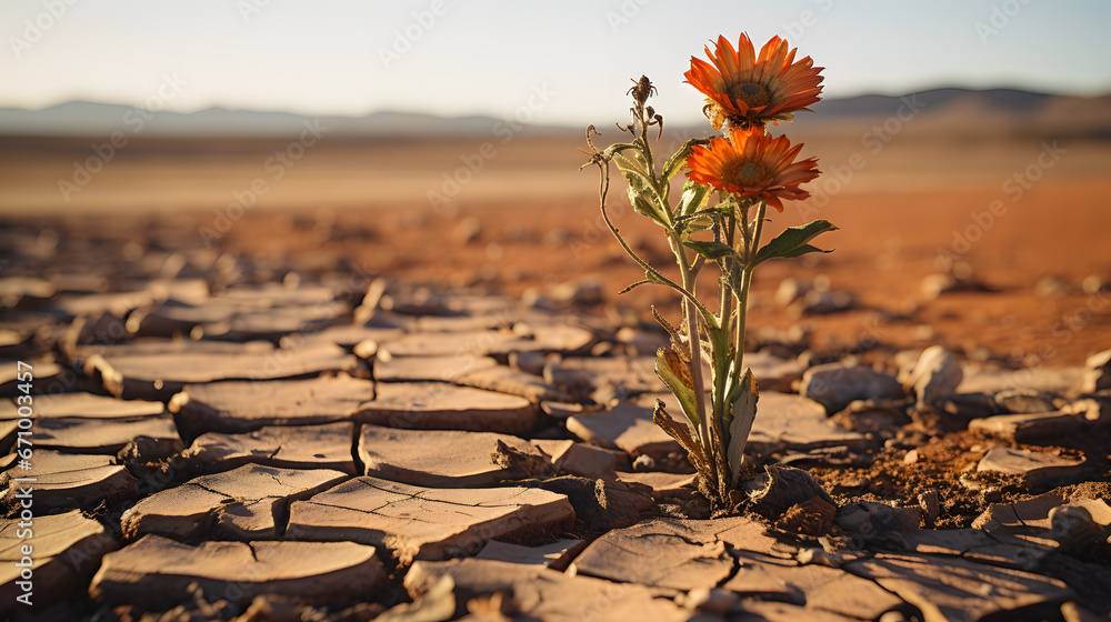 A cluster of drought-resilient flora stands amidst a parched landscape, their tenacity a symbol of life's adaptability. This highly detailed photograph celebrates nature's endurance.