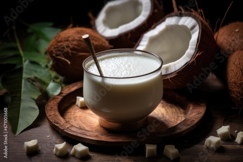 coconut milk filled in a coconut under diwali lights
