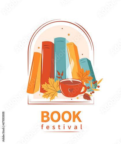 Book festival. Layout design for bookstore, library. Books with autumn bright leaves. Vector illustration