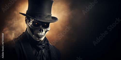 Skeleton smoking cigarette hat suit rending age matte resting old city profile mid aged post worn Skull with a hat and a hat, generative AI 