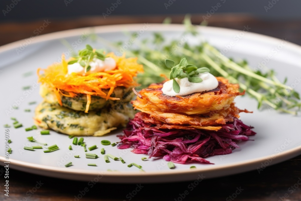 trio of colorful vegan latkes on white plate trio of colorful vegan latkes on white plate