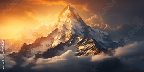 jakbar mountain in  Sunset on Panchachuli, Indian Himalaya - Majestic Hill and Mountain Range with Glaciers and Rocky Top in Geologic Landscape: Generative AI
 photo
