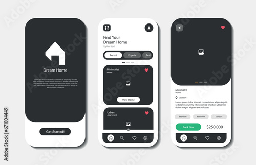 Application to buy or rent houses and apartments. Collection of online interface templates. Responsive GUI for mobile applications. Vector illustration