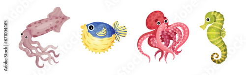 Cute Sea Animals and Underwater Creature with Squid, Blowfish, Octopus and Seahorse Vector Set