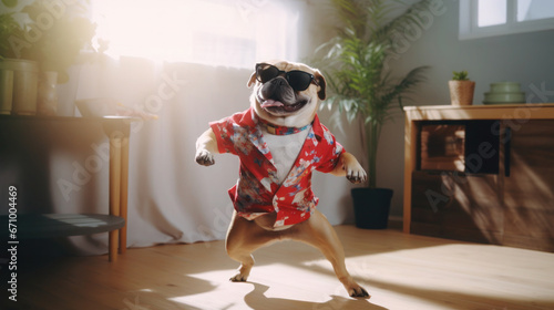 funny dog pug in clothes and sunglasses dancing at home photo