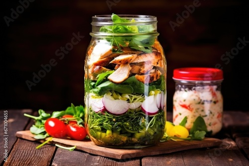 grilled chicken and mixed lettuce salad in a mason jar