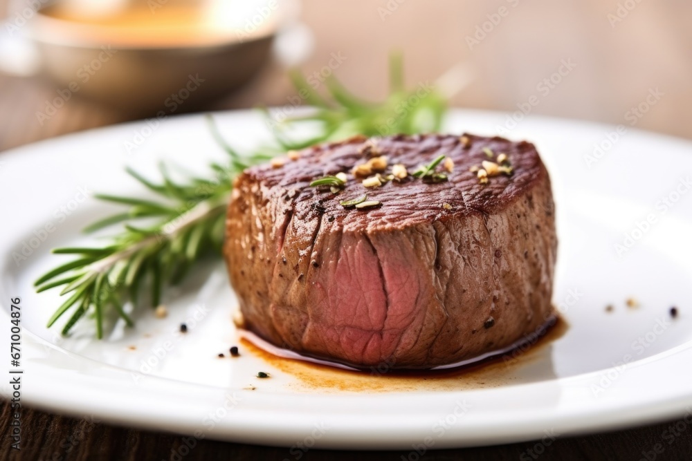 filet mignon on a white plate with sprig of thyme filet mignon on a white plate with sprig of thyme