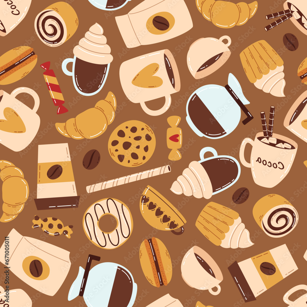 Vector seamless pattern with coffee and sweets