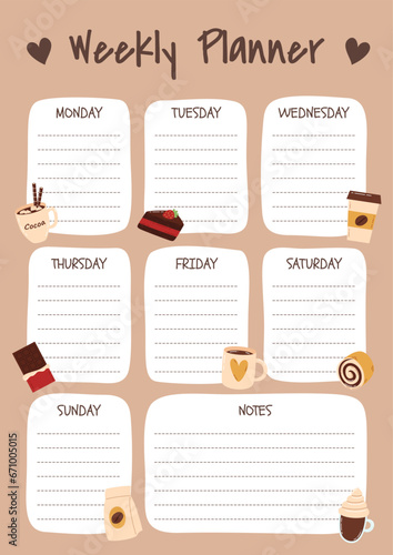 Vector cute weekly planner with coffee and sweets. A4 format