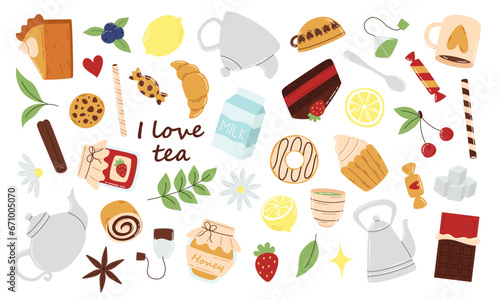 Vector set of flat tea and sweets isolated on white background