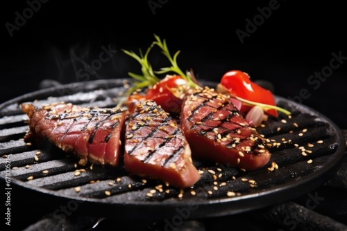 grilled tuna with sesame seeds on a black plate