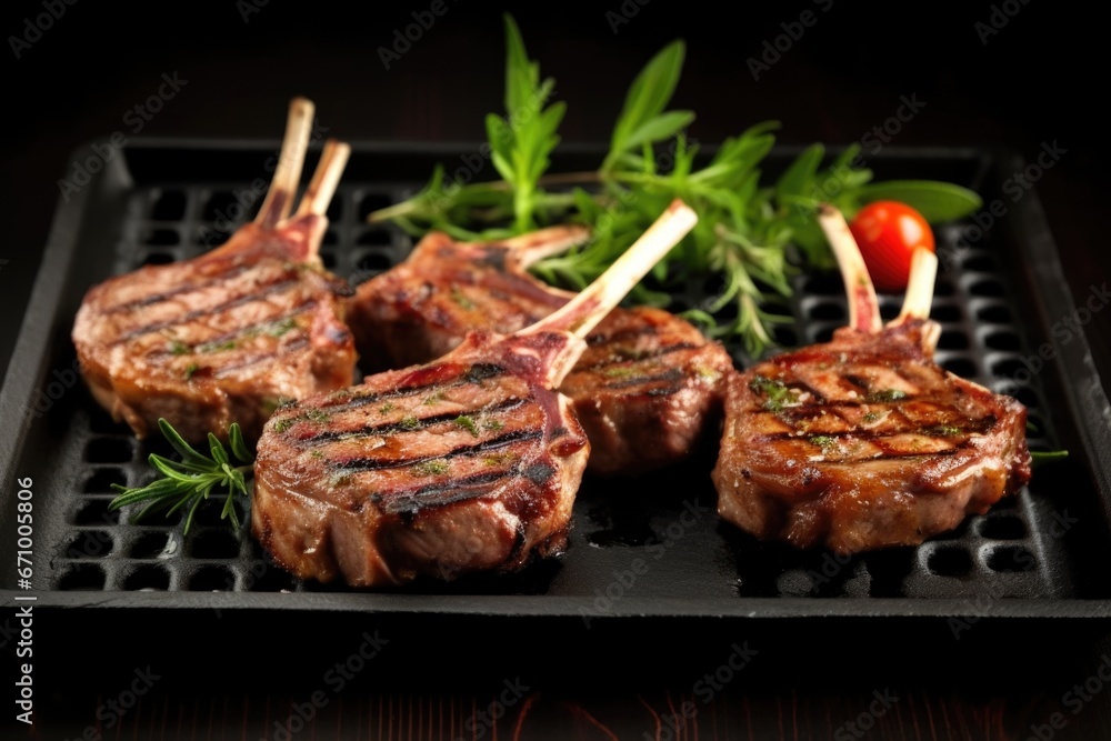 lamb chops with grill marks on a glossy black square plate