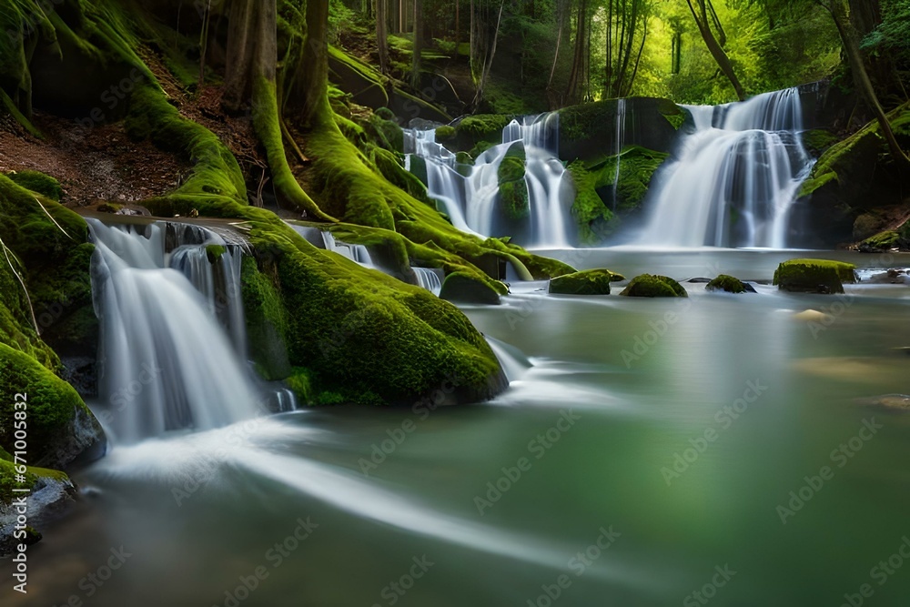 Vibrant jungle waterfall surrounded by lush vegetation - AI Generative Vibrant jungle waterfall surrounded by lush vegetation - AI Generative