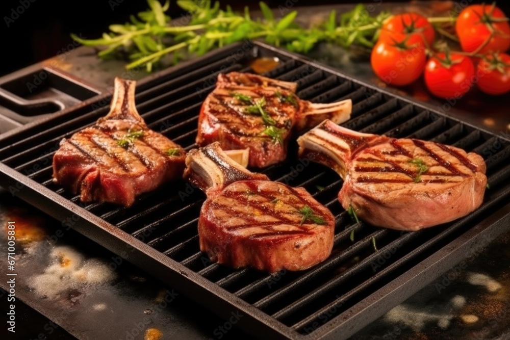 smoky lamb chops with grill marks on a hot stone plate