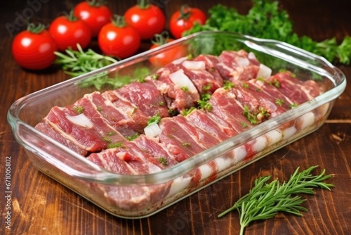 cooked ribs in a glass dish ready for the oven
