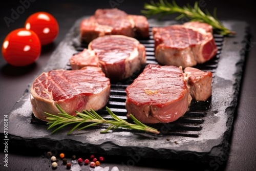 smoky lamb chops with grill marks on a hot stone plate