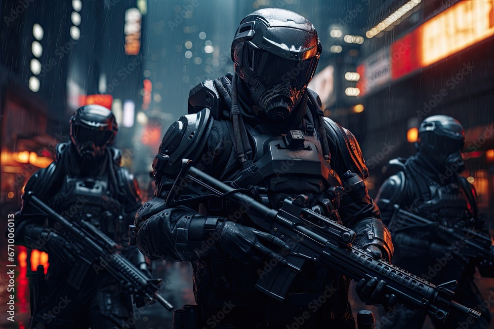 Group of special forces soldiers in action in the city at night, Urban Enforcers: An image of futuristic soldiers in urban warfare gear, wearing face masks to combat airborne, AI Generated