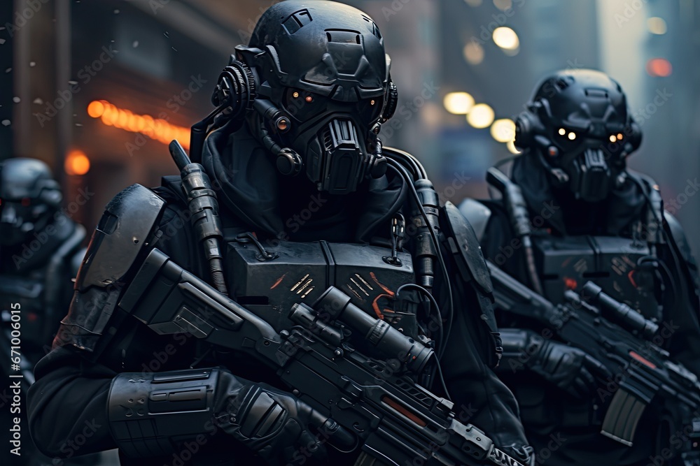 Group of futuristic soldiers in the street, Urban Enforcers: An image of futuristic soldiers in urban warfare gear, wearing face masks to combat airborne threats, AI Generated Group of futuristic soldiers in the street, Urban Enforcers: An image of futuristic soldiers in urban warfare gear, wearing face masks to combat airborne threats, AI Generated