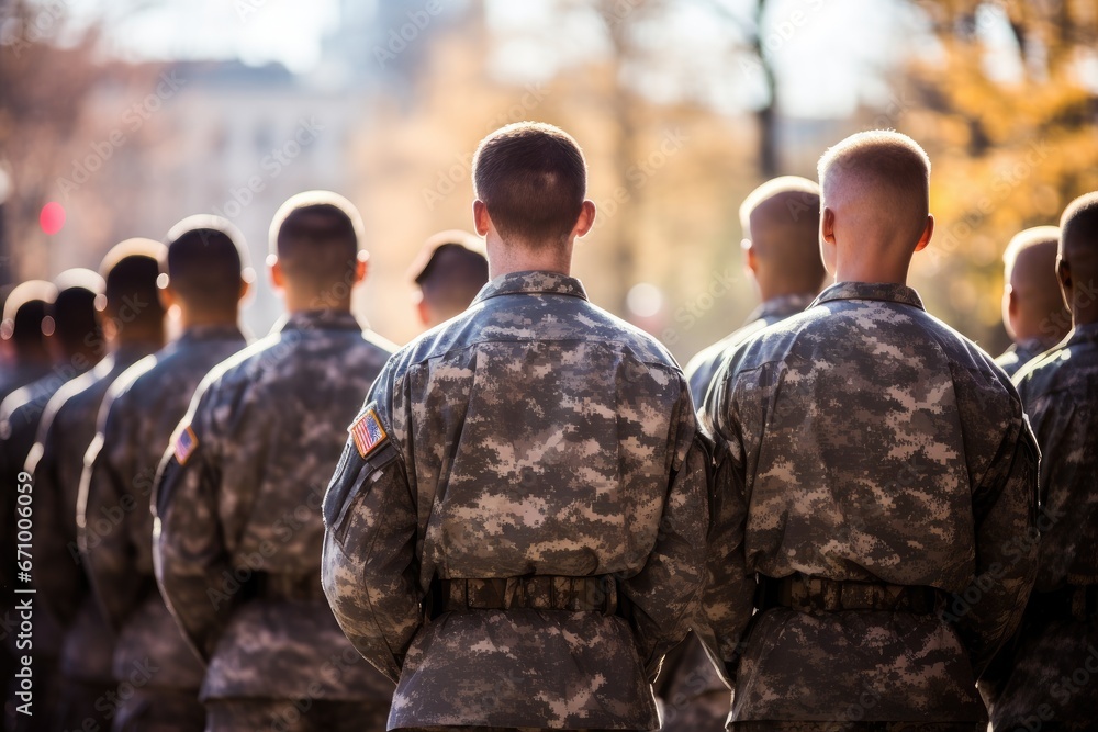 Rear view of a group of soldiers on a military parade, US soldiers standing in a formation on a ceremony, rear view, top section cropped, AI Generated Rear view of a group of soldiers on a military parade, US soldiers standing in a formation on a ceremony, rear view, top section cropped, AI Generated