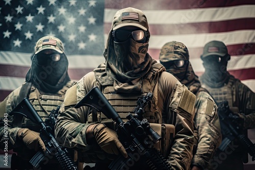 Group of soldiers in military uniform and gas mask on the american flag background, US Army soldiers with weapons and the united states flag on the background, Face covered with a mask, AI Generated photo