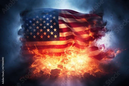 American flag burning in flames and smoke on dark background with copy space, USA vs China Flag on fire, AI Generated