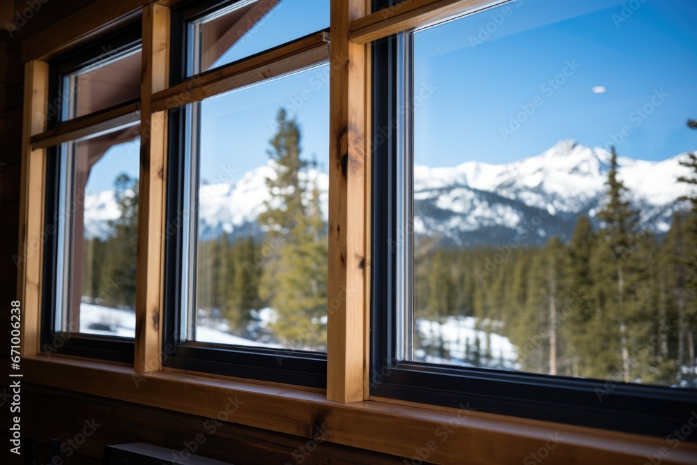 close up of rugged cabin windows with mountain views